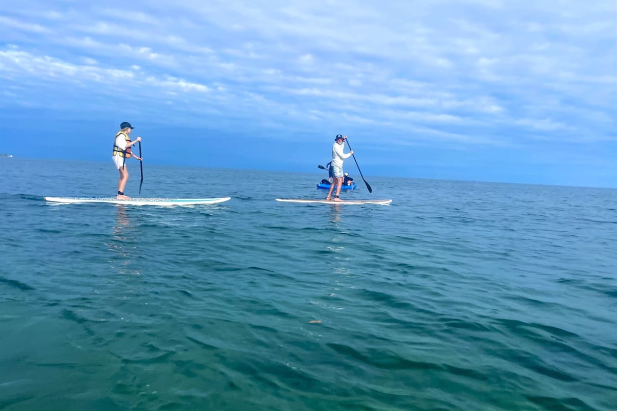 We have three SUPs that are great for taking out in the morning to see some manatees, and or go on a grand adventure to False Caye.