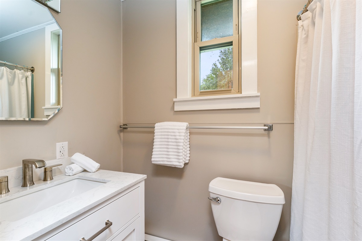 Fresh and modern bathroom featuring a sleek vanity, updated fixtures, and a clean design perfect for relaxation.