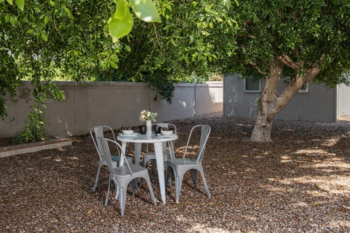 Enjoy peaceful mornings or shaded lunches at this charming backyard table nestled under mature trees and desert sky.