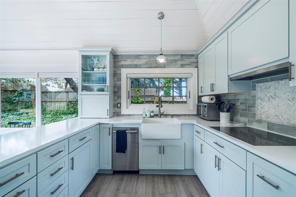 COTTAGE KITCHEN  Bosch slim dishwasher, GE induction cooktop + kitchen wares from Crate & Barrel and Williams Sonoma  