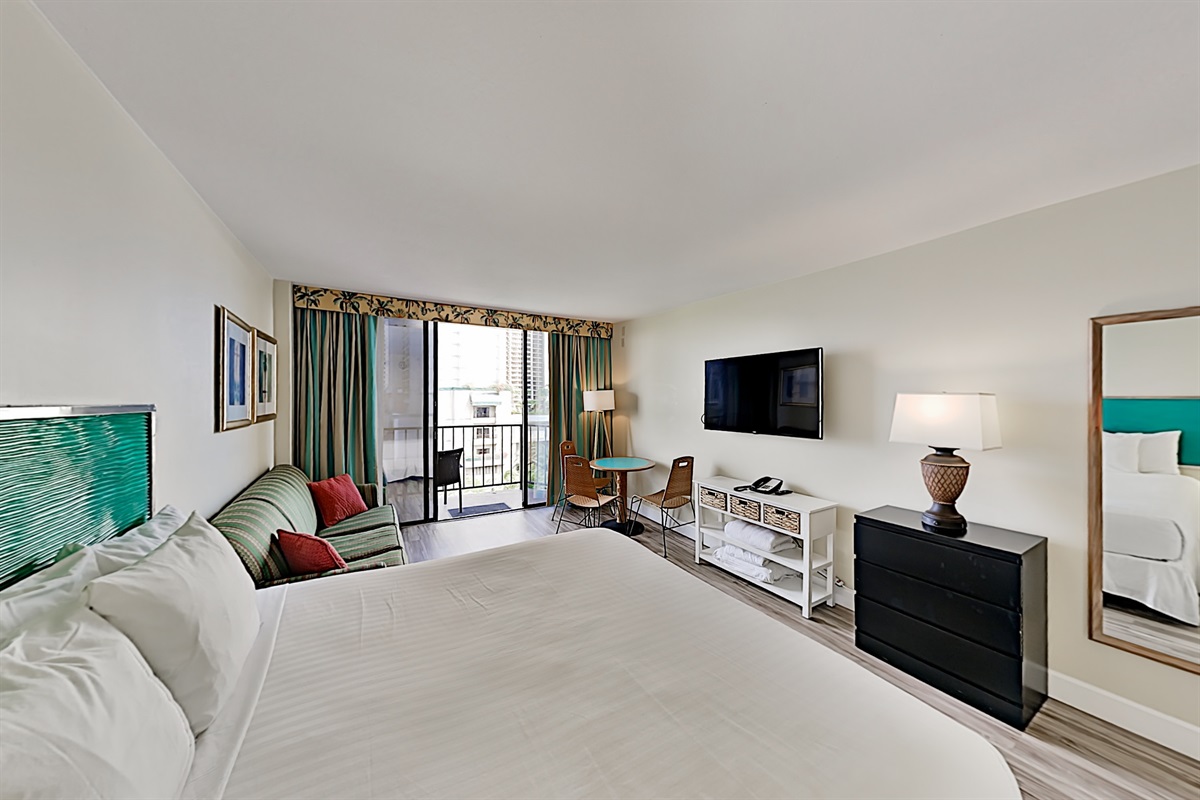 Spacious studio with King bed and additional queen sofa sleeper, flat screen TV, dinette 