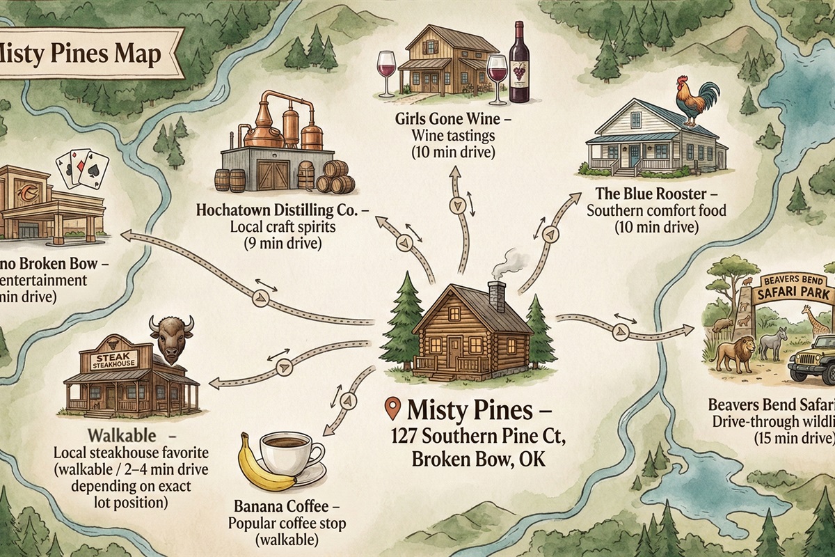 Close to local favorites, wineries, dining, and scenic outdoor spots, Misty Pines offers the perfect balance of peaceful seclusion and easy access to Hochatown’s best experiences.