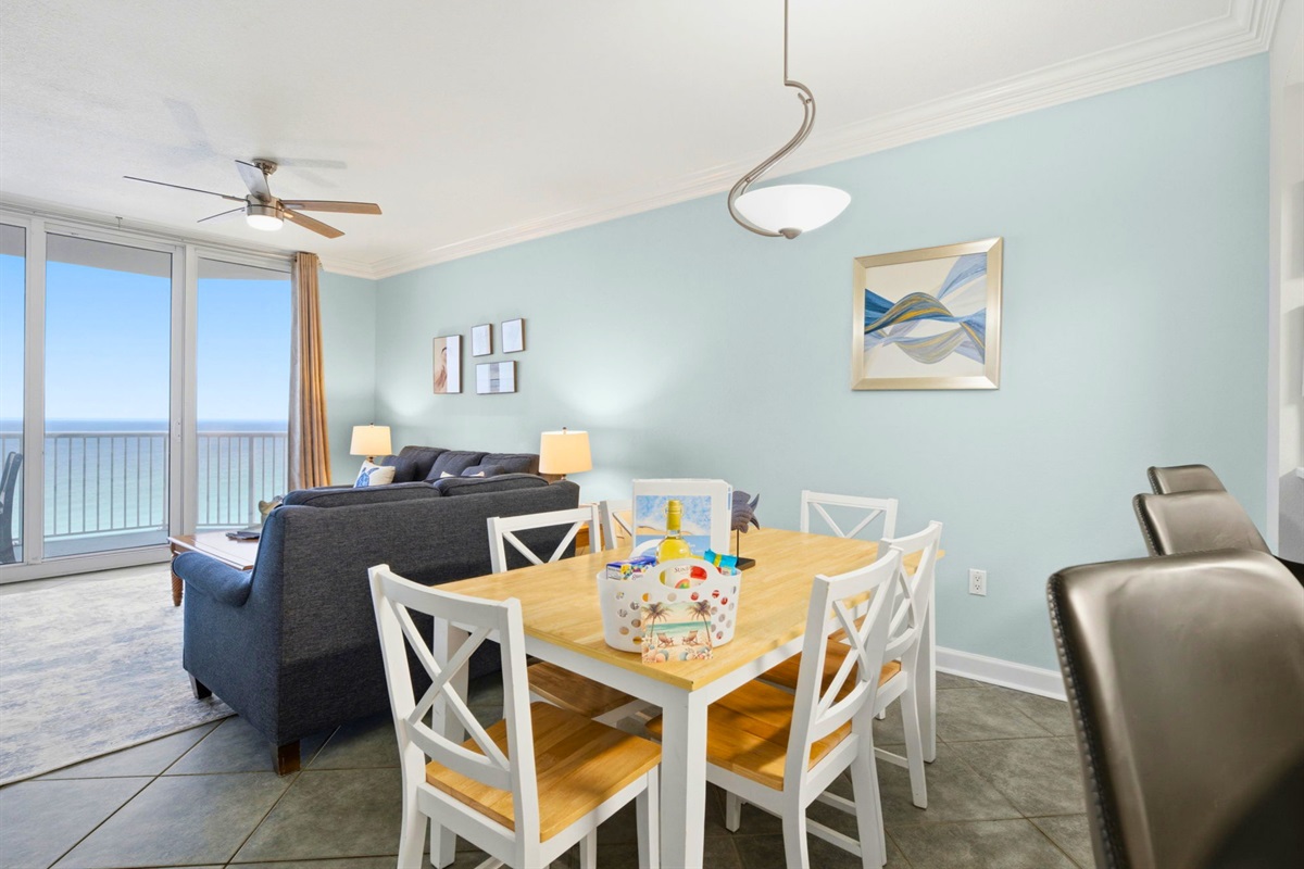 Enjoy dining with beautiful natural light and views just steps away from the balcony.