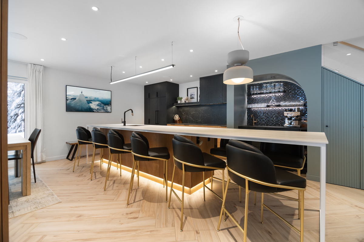 Kitchen with 14 ft island seating eight