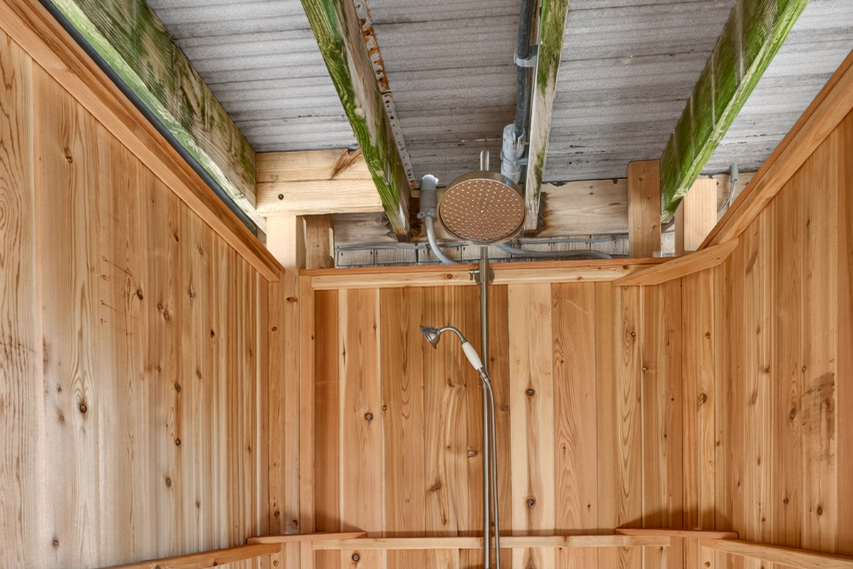 Private outdoor shower makes it easy to rinse off the sand after a relaxing day at the beach.