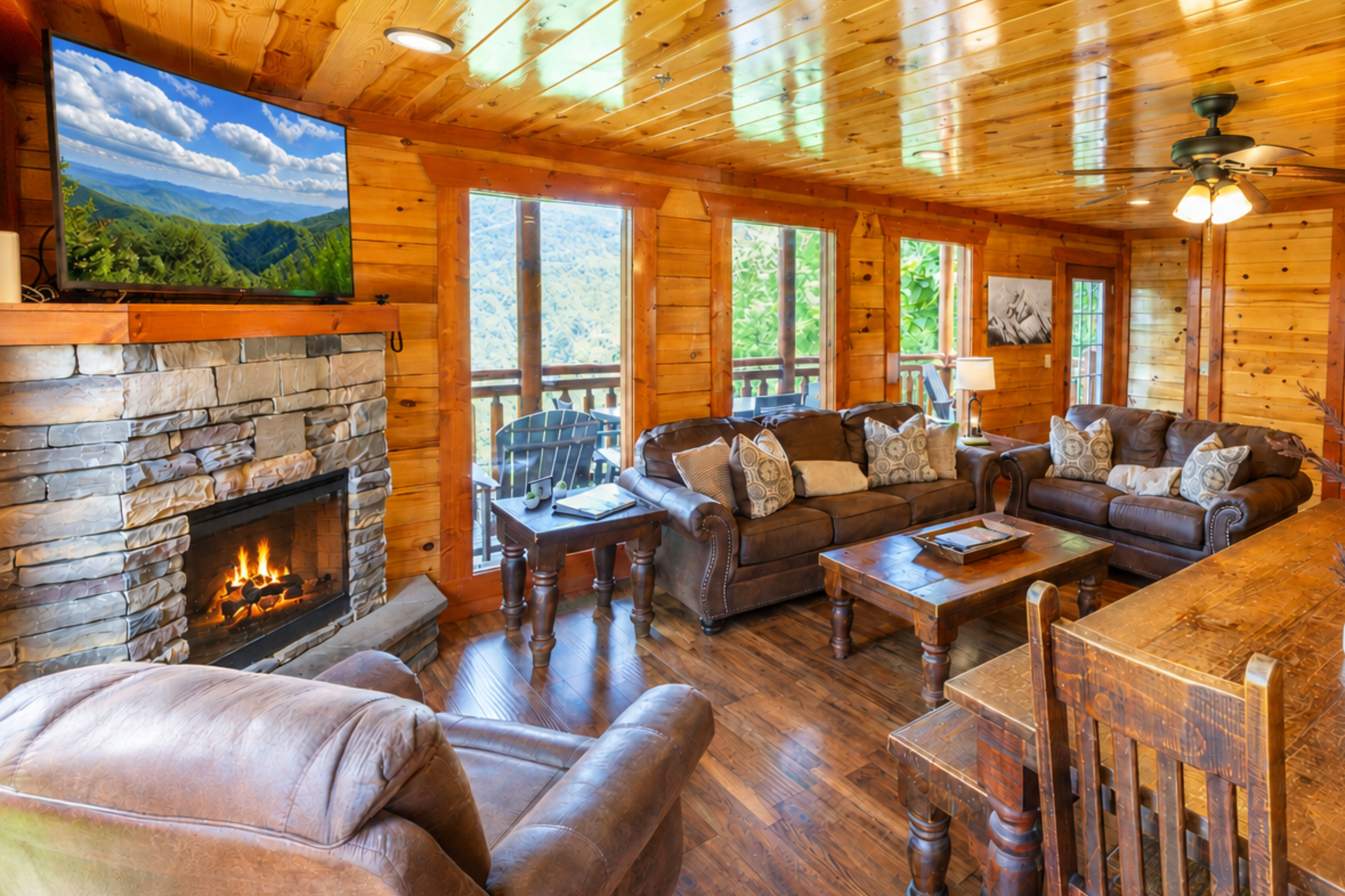 Plush seating, mountain views and a glowing fireplace—your perfect spot to unwind.