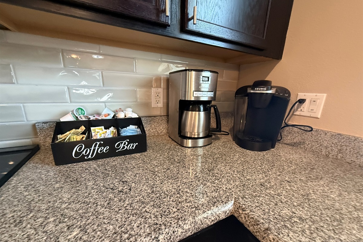 Get in late and don't feel like going out for coffee right away? Coffee bar is provided to get you going.