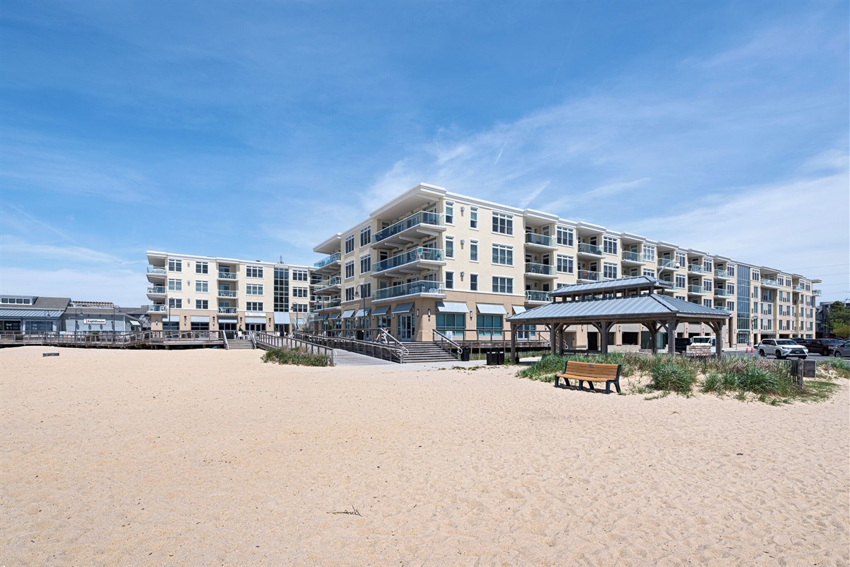 Bayside beach and boardwalk attached to condo building