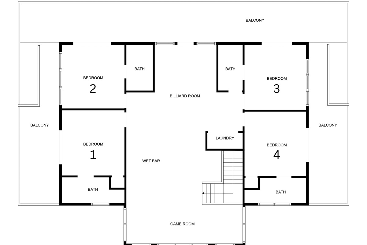 Upper Floor.  Has 4 ensuite king bedrooms and a lounge/bar area with a pool table, shuffleboard, foosball, and video games.  Perfect for hosting your event!