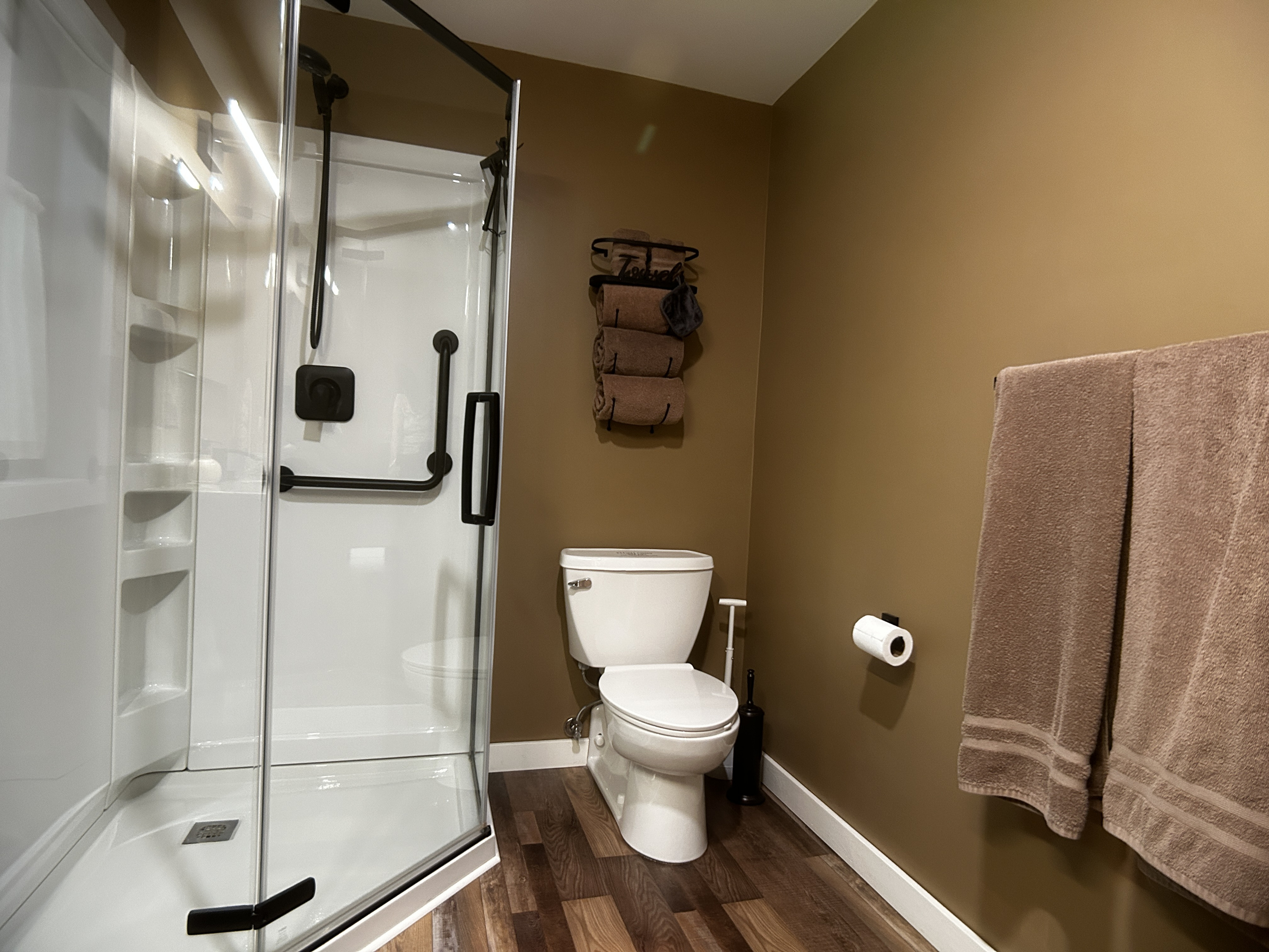 Hand held shower head and grab bar in the shower.