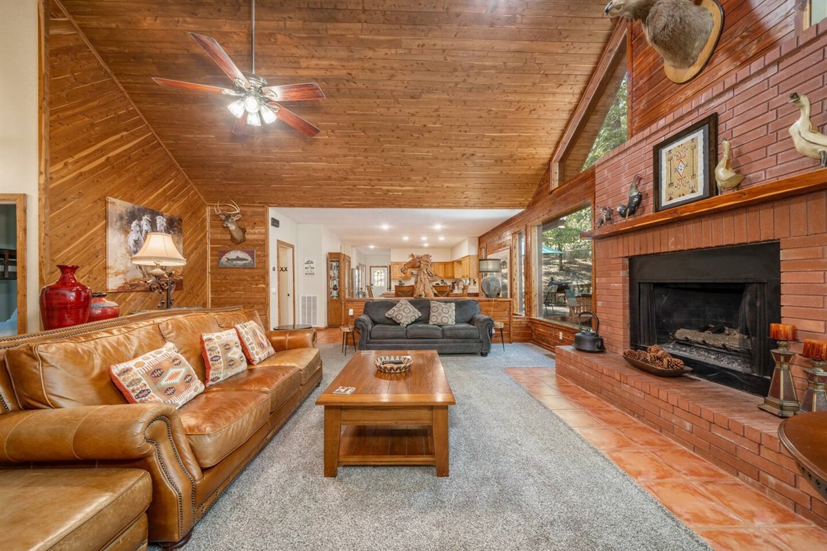 Two cozy couches and an easy to use gas fireplace makes a fantastic vantage point for nature watching and family activities.