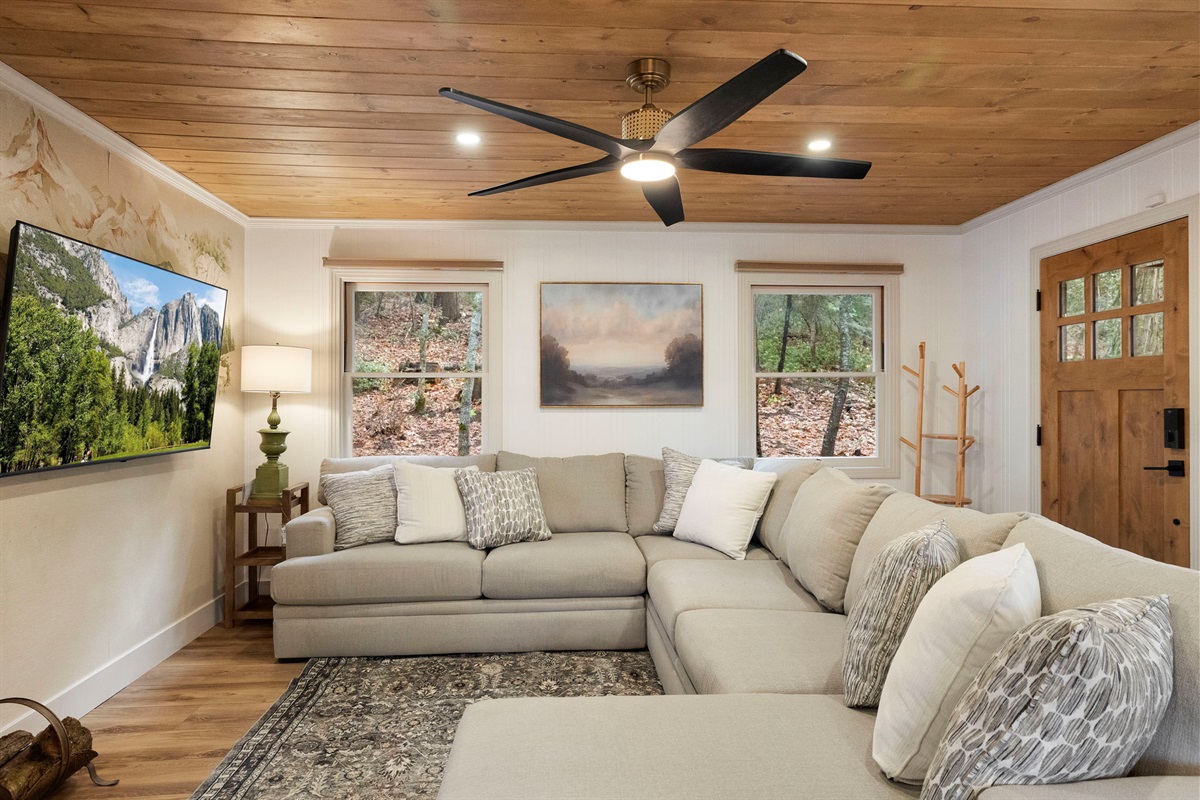 Large, new U-shaped sleeper sofa with chaise lounge to relax together or watch TV.