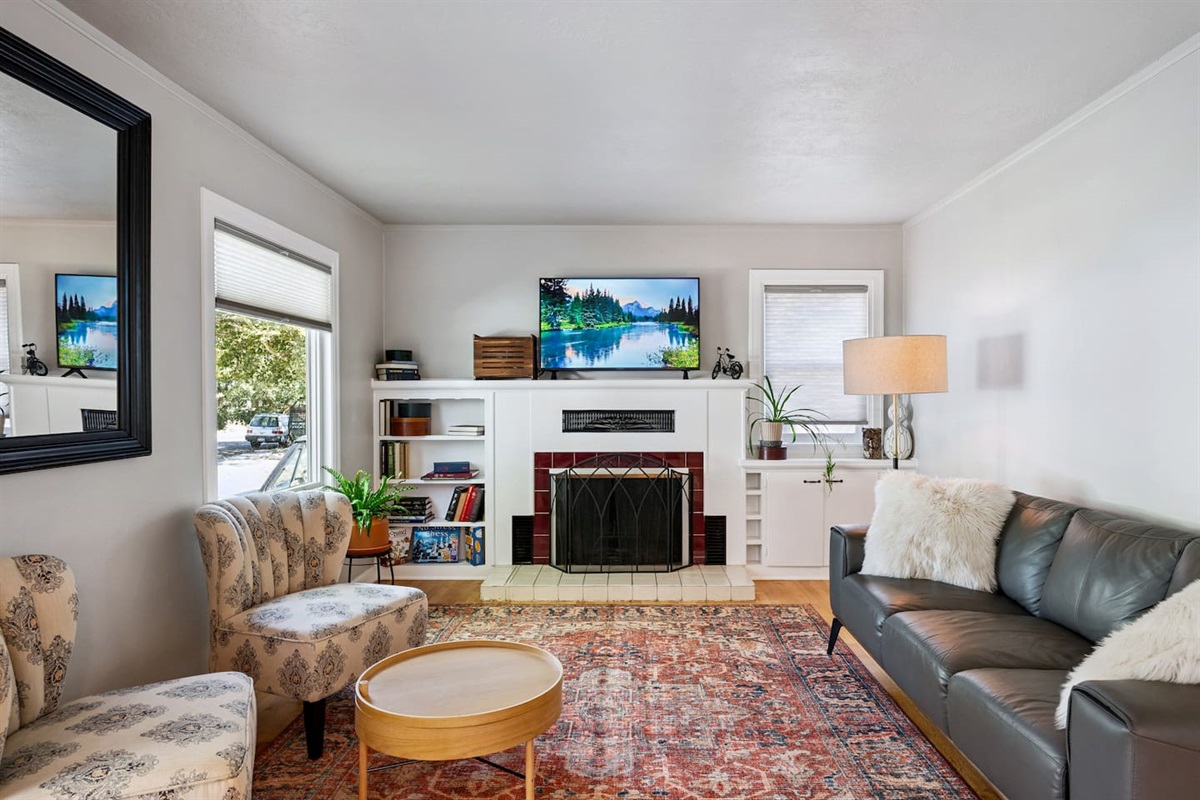 Living room with original fire place