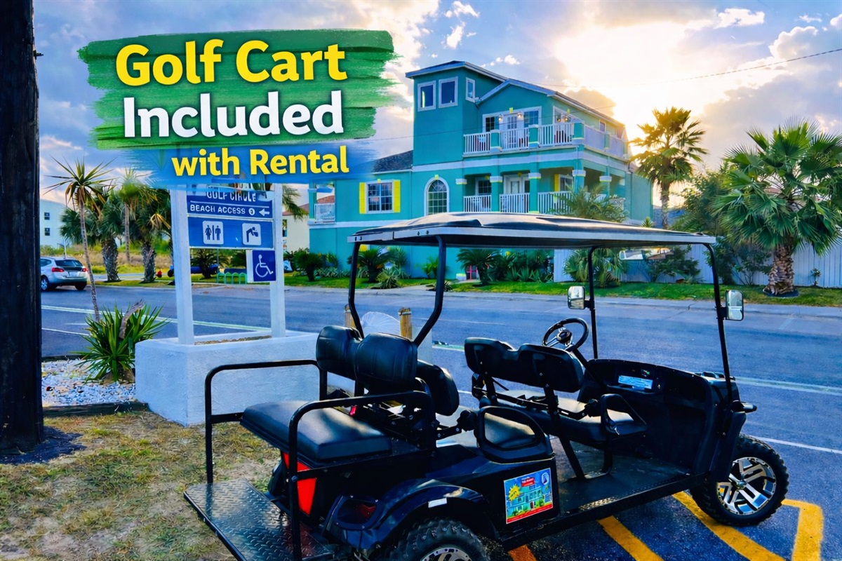 We are right at the Beach Access #2 with a 6 seater golf cart included in rental 