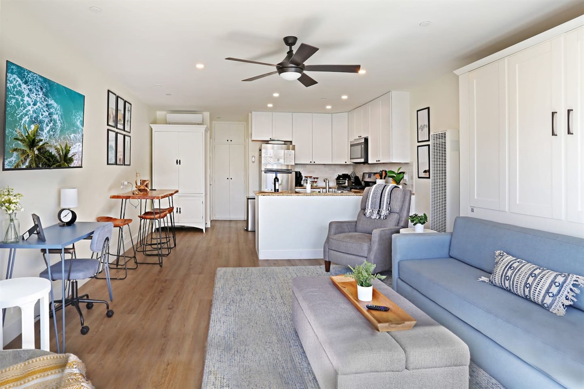 We have a dedicated work space desk and also a dining table that seats four.