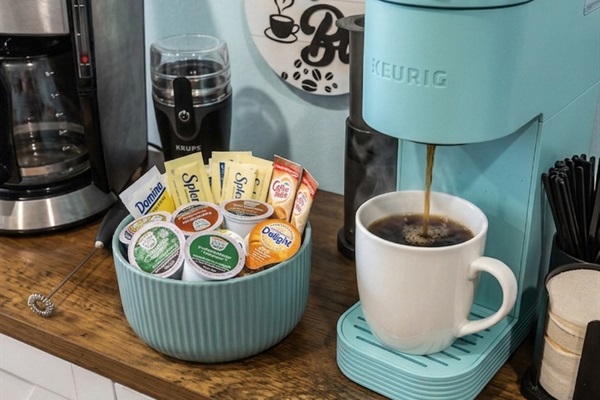 K-cups, sugars, and creamers all to get you started on that first morning cup of coffee! 