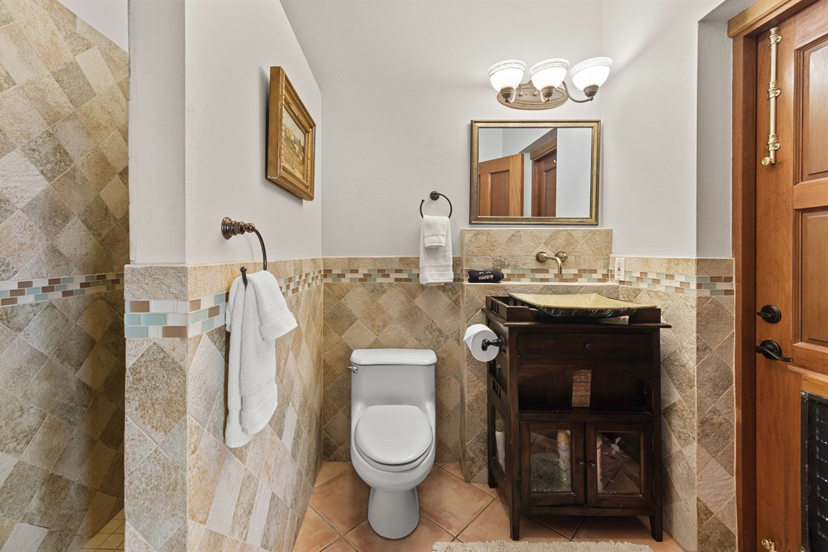 The bathroom features an easy walk-in shower.