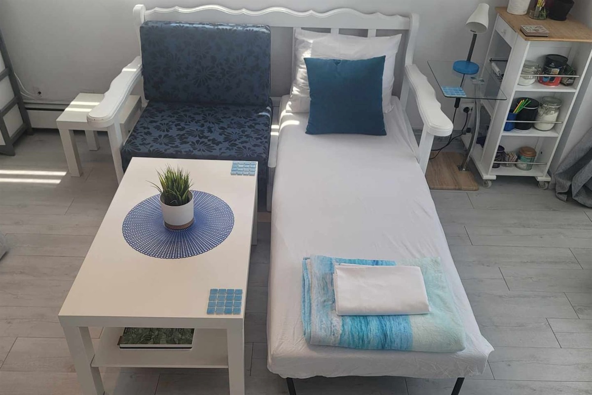 Sofa bed made into 1 single for a guest, this can be made into 2 single beds