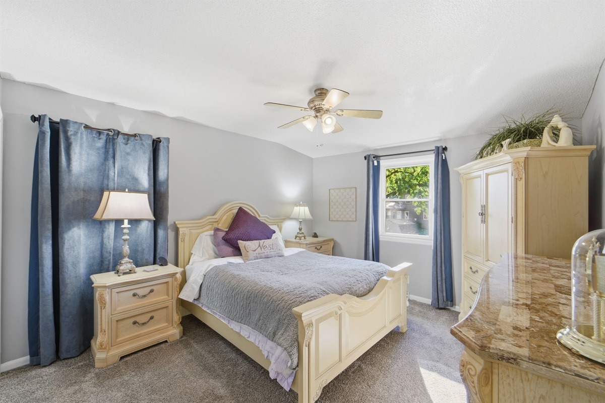 Bedroom 3, Has memory foam pillows, a TV for late night shows, and a convenient quick charger just in case you forgot to bring your own.