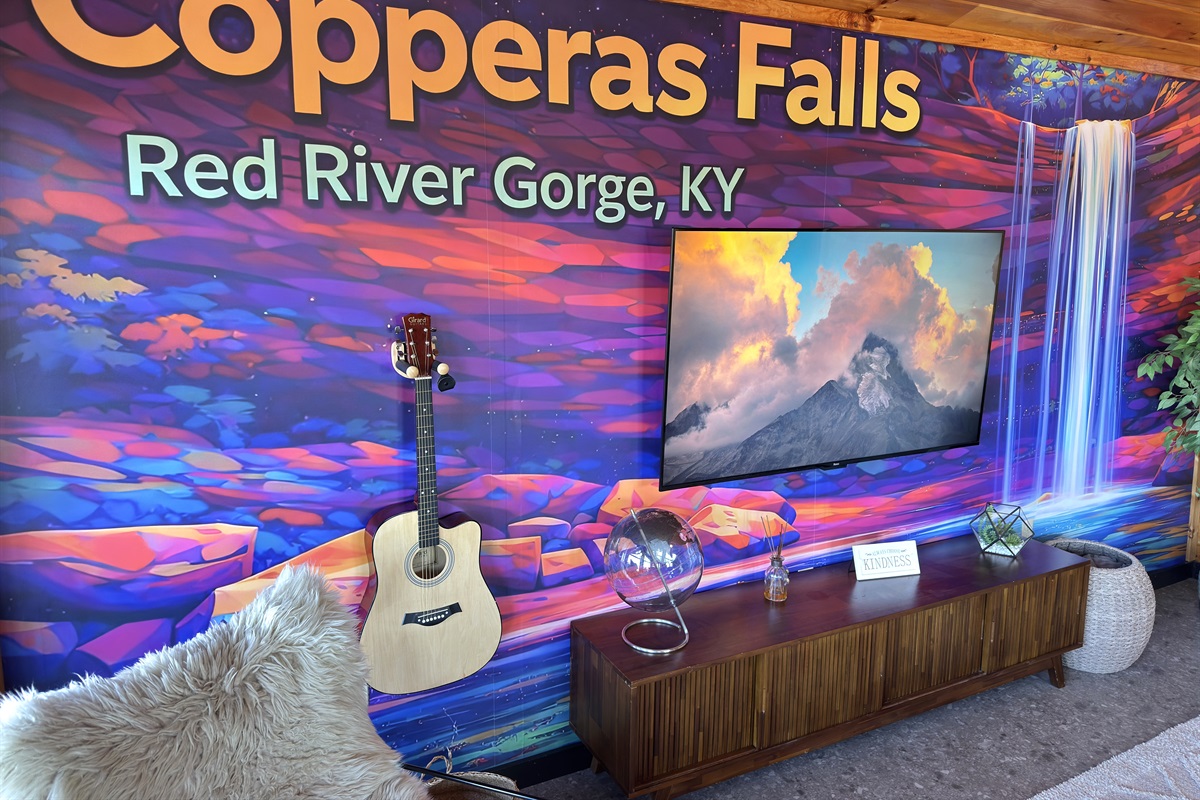 Upstairs living room with new mural