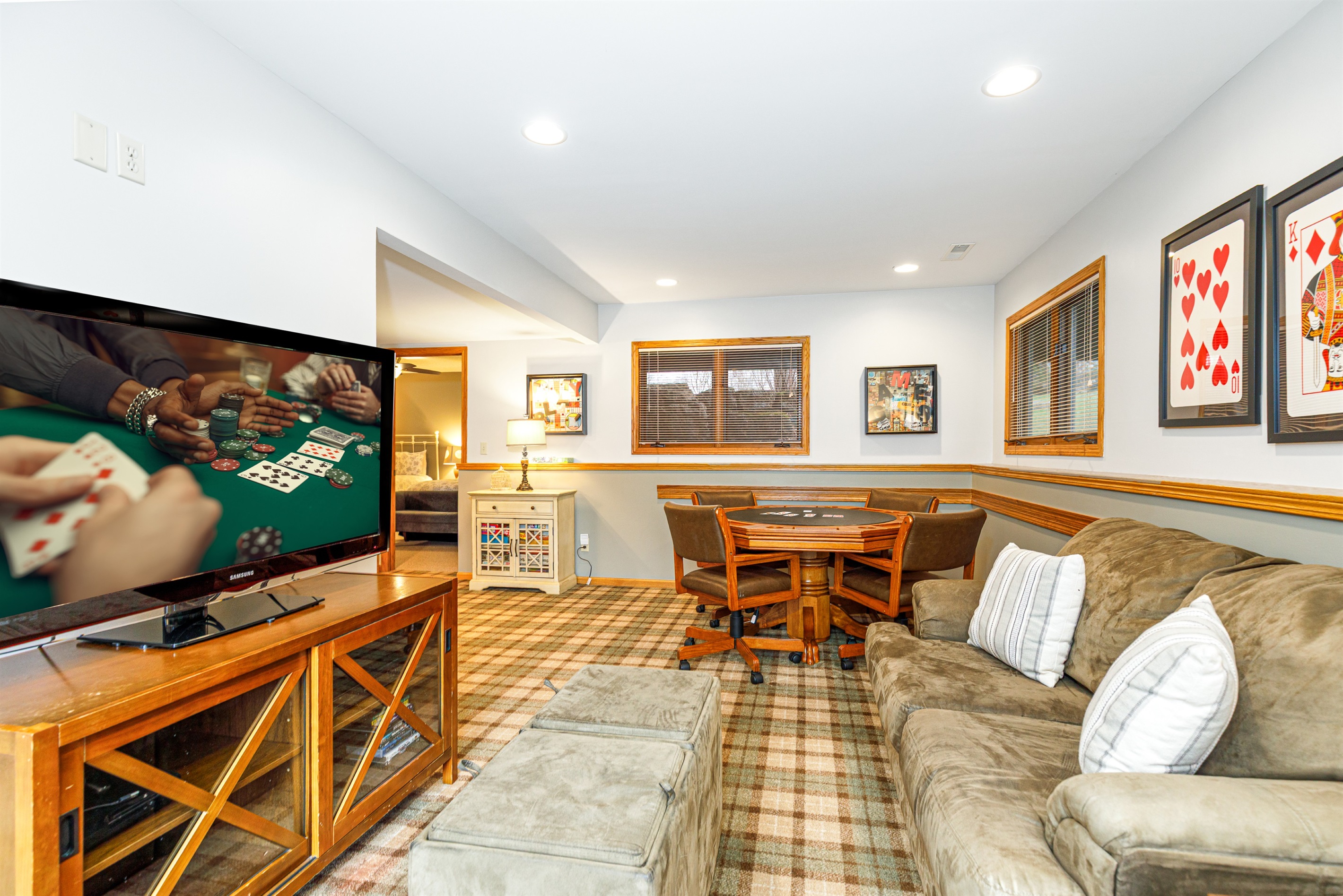 Retreat to the lower living room -- stream your favorite shows with the Roku TV or play one of the many board games