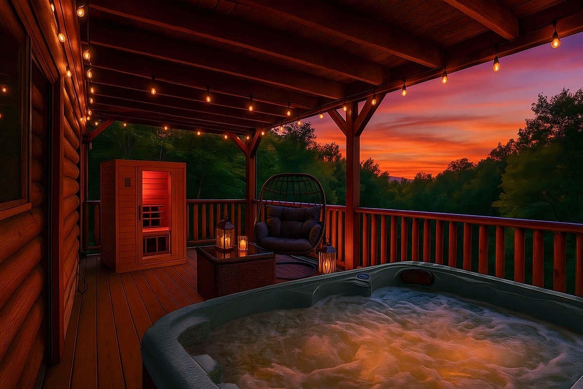 The coziest hot tub, mixed with the most perfect view. Plus a brand new infrared Sauna and comfy dining seat set for the best moments