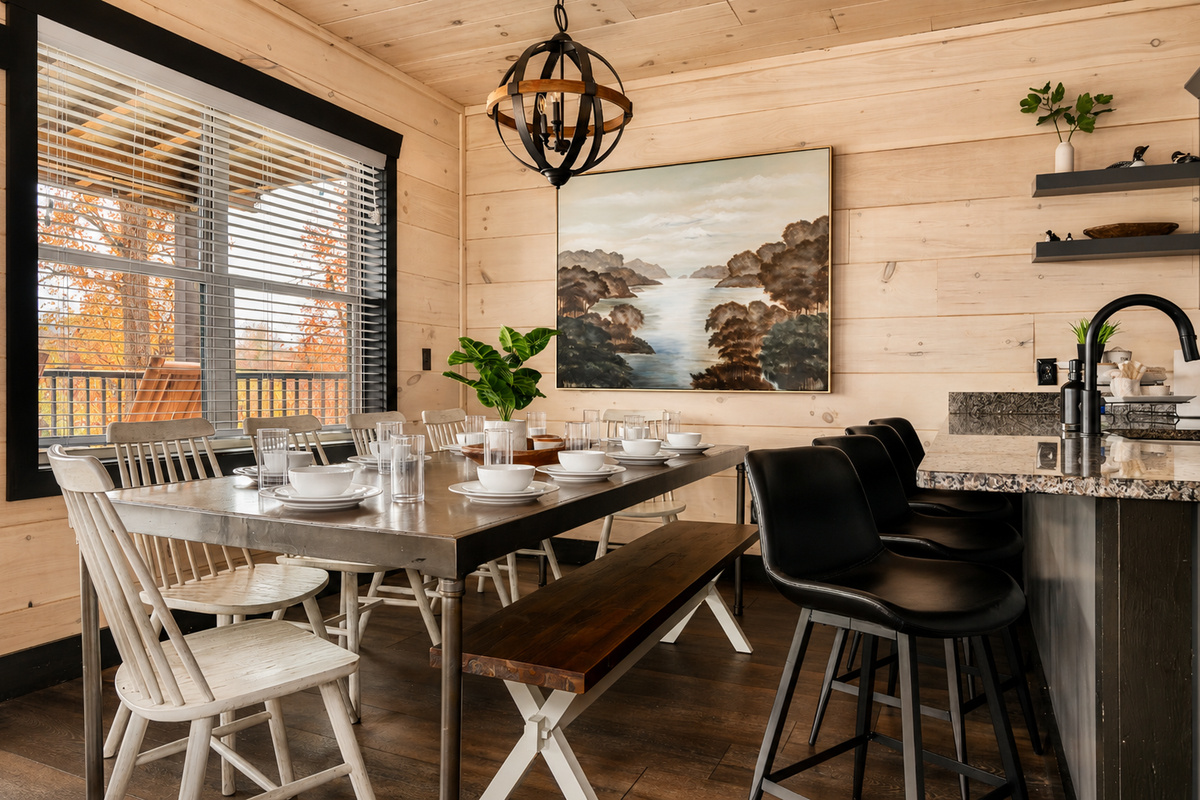 Our dining table seats up to 10, with room for 4 more at kitchen island.