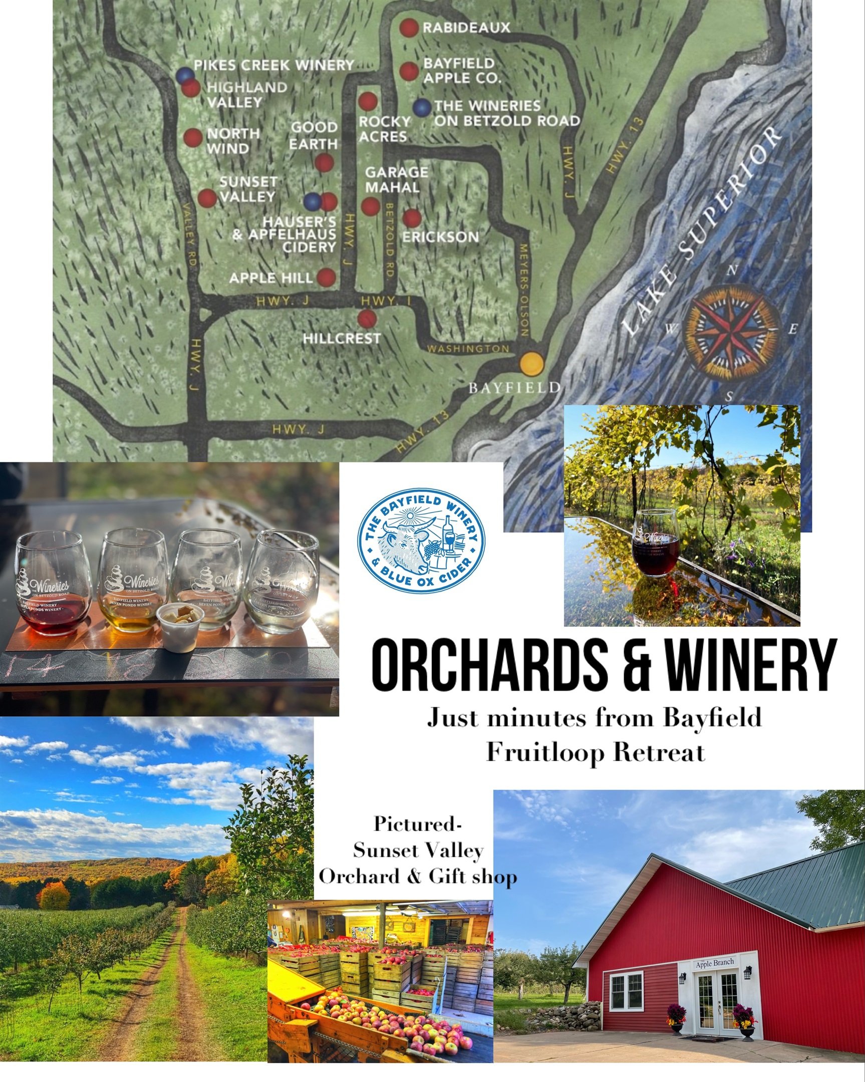Visit the many berry farms orchards and a winery minutes away around the “Fruitloop” road winding around Bayfield town 