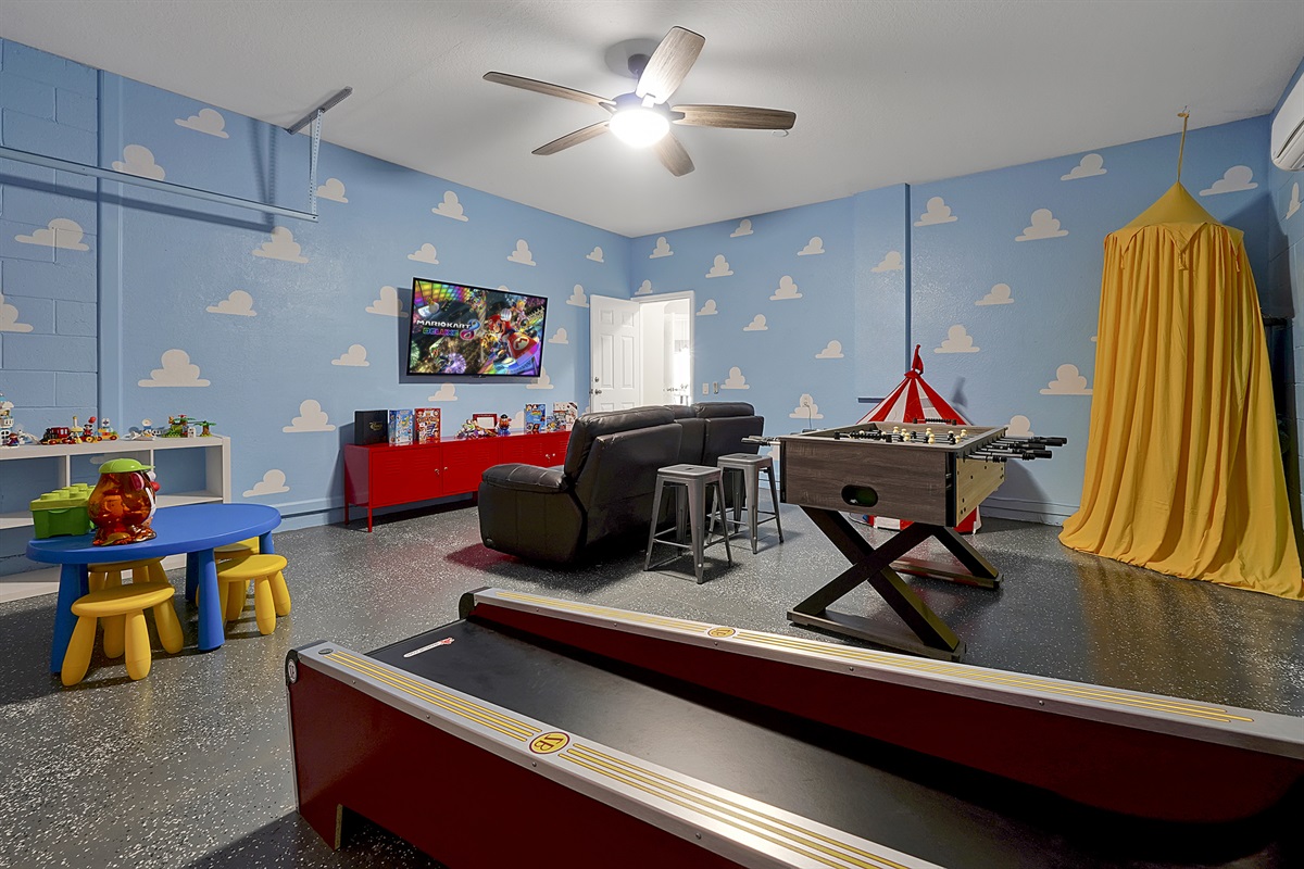With the extra large ceiling fan and Nest controlled air conditioning unit, the game room is fun AND comfortable.