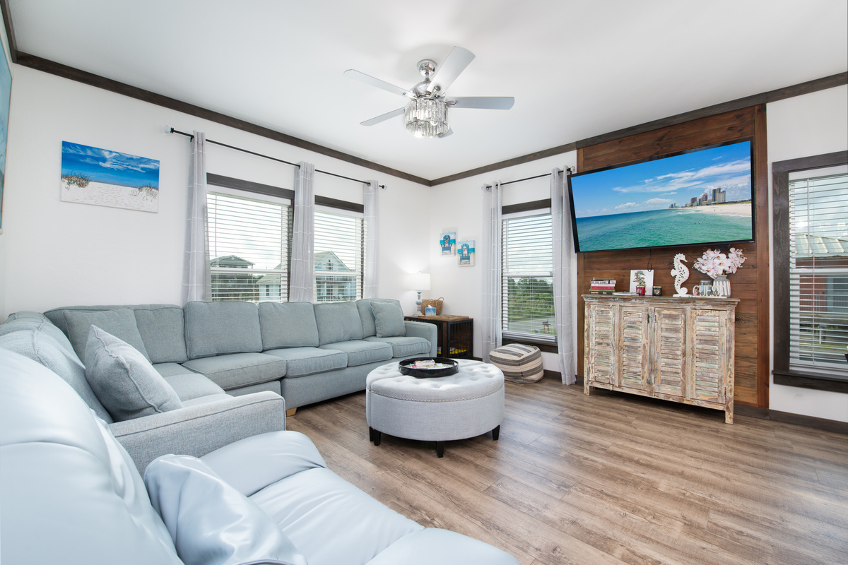 Living area with large screen smart TV