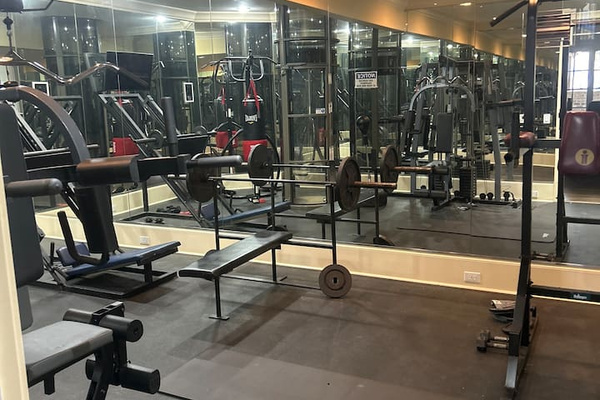 Fully equipped private gym featuring mirrored walls, recessed lighting, and rubber flooring. Includes free weights, bench press, squat rack, cable machine, and cardio equipment—ideal for strength training and daily workouts.