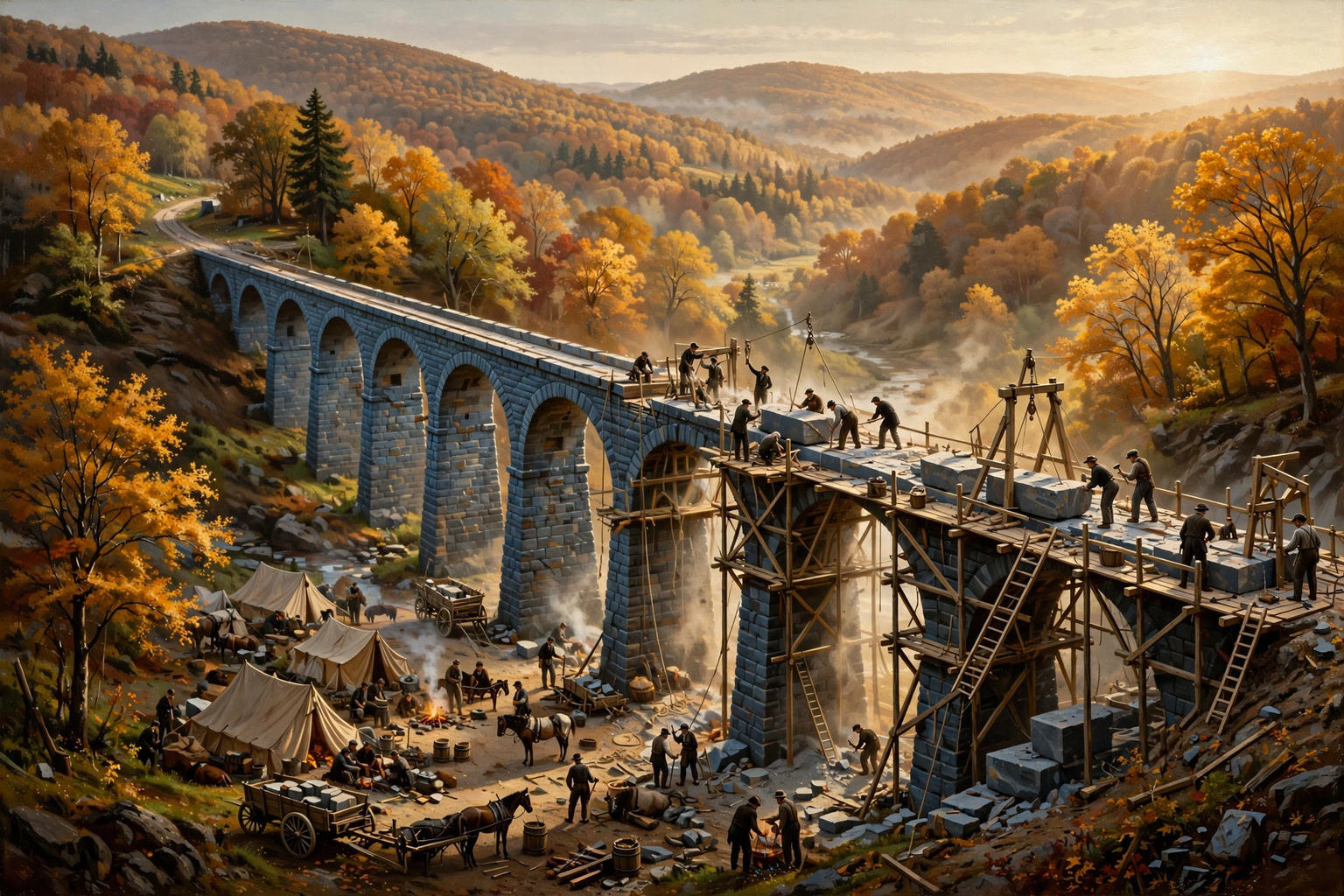 Illustration of Irish stonemasons building the Starrucca Viaduct in 1848