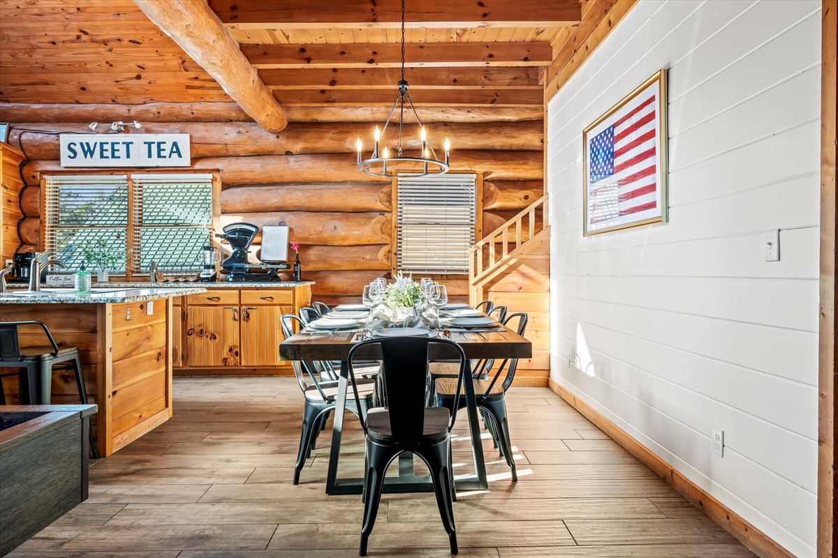 The dining area is perfect for both formal and casual meals.