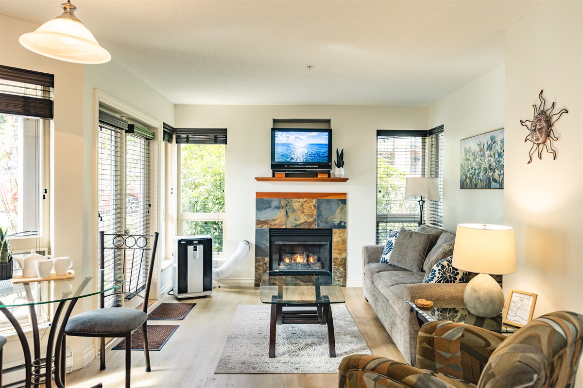 Main Floor. Streaming TV. Double glass doors. AC unit / natural gas fireplace. Covered Patio. Open concept. Roomy and spacious. Queen pull out sofa for extra Guests.