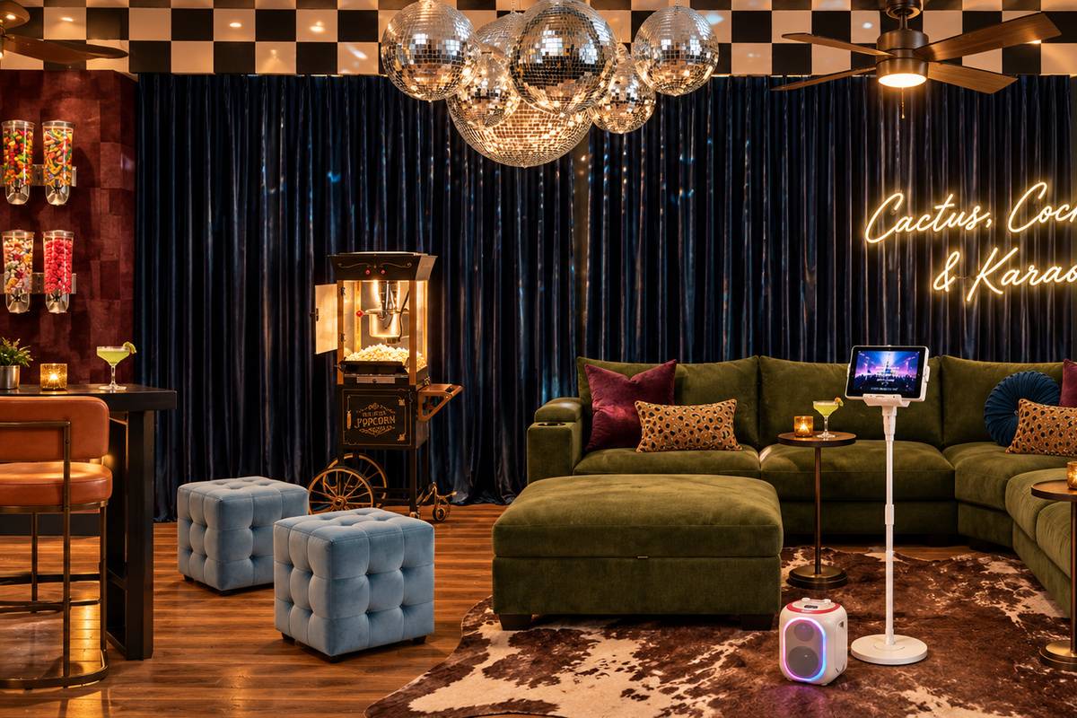 {Theater Lounge} Kick back in the speakeasy-style movie lounge with a 100” TV, plush seating, popcorn, cocktails, and karaoke for the ultimate night in.