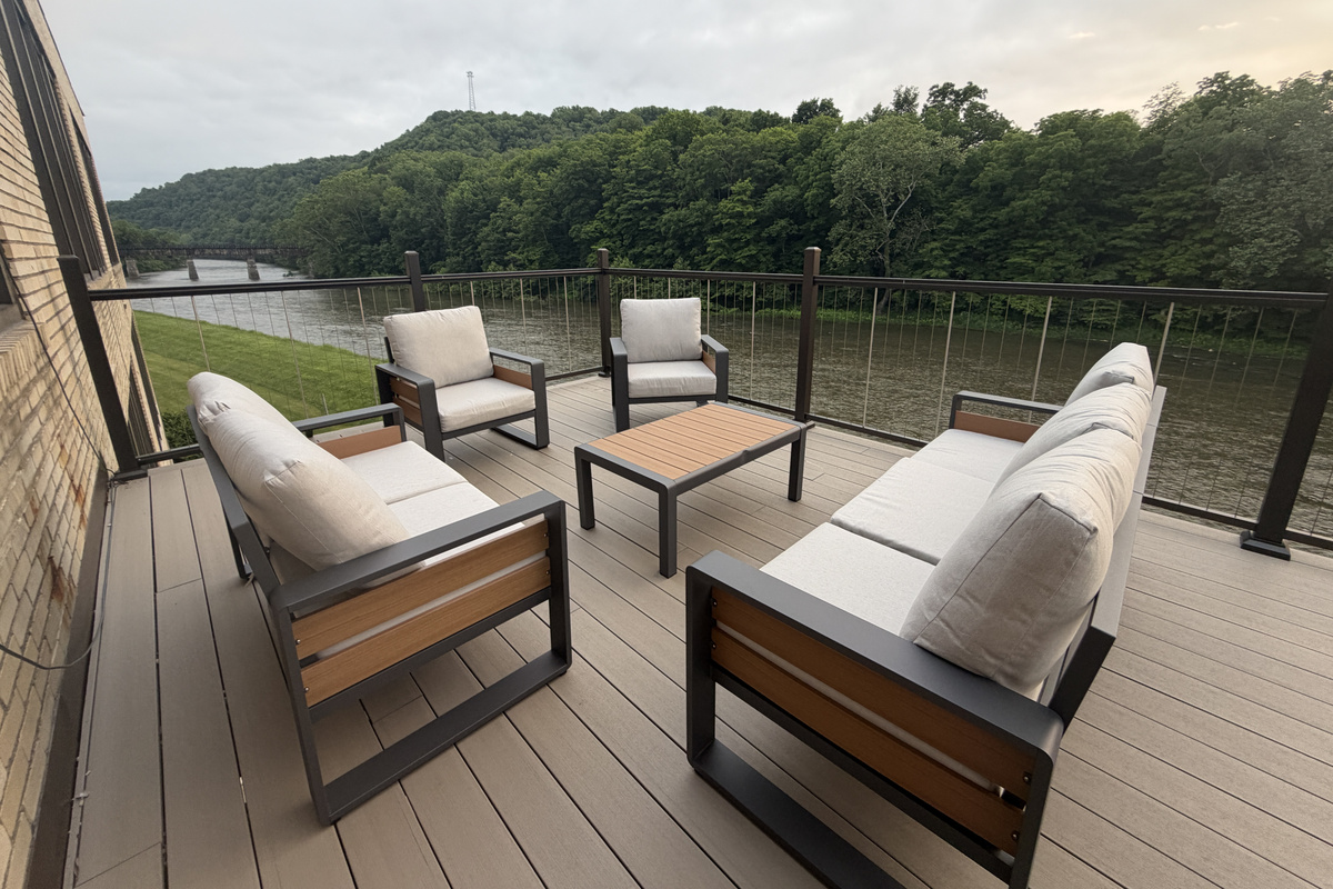large riverside deck facing high bridge on GAP trail