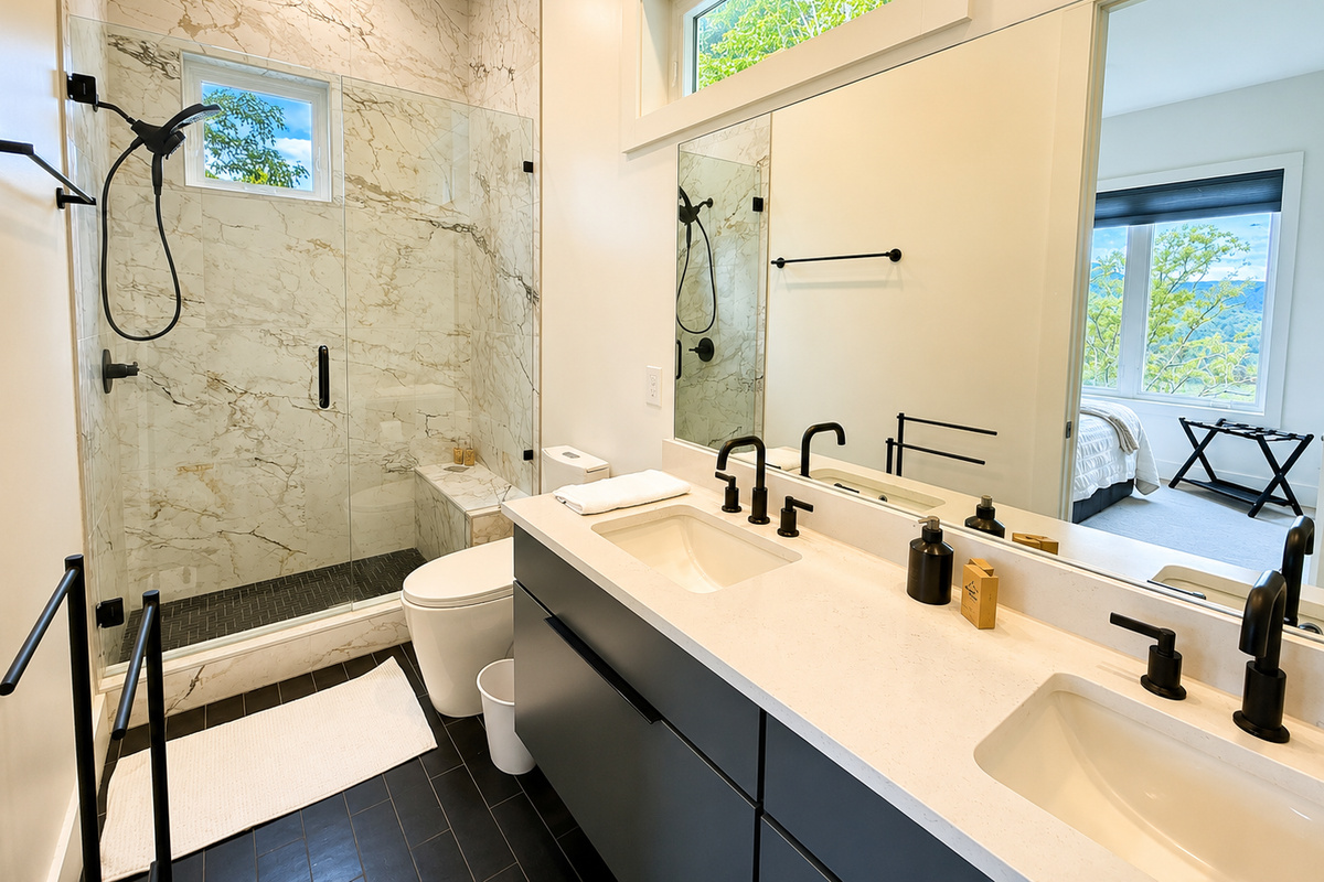 A spa-inspired retreat with a view.
The primary suite bathroom features a double vanity, oversized tiled shower, and thoughtful modern finishes designed for relaxation after a day on the lake.