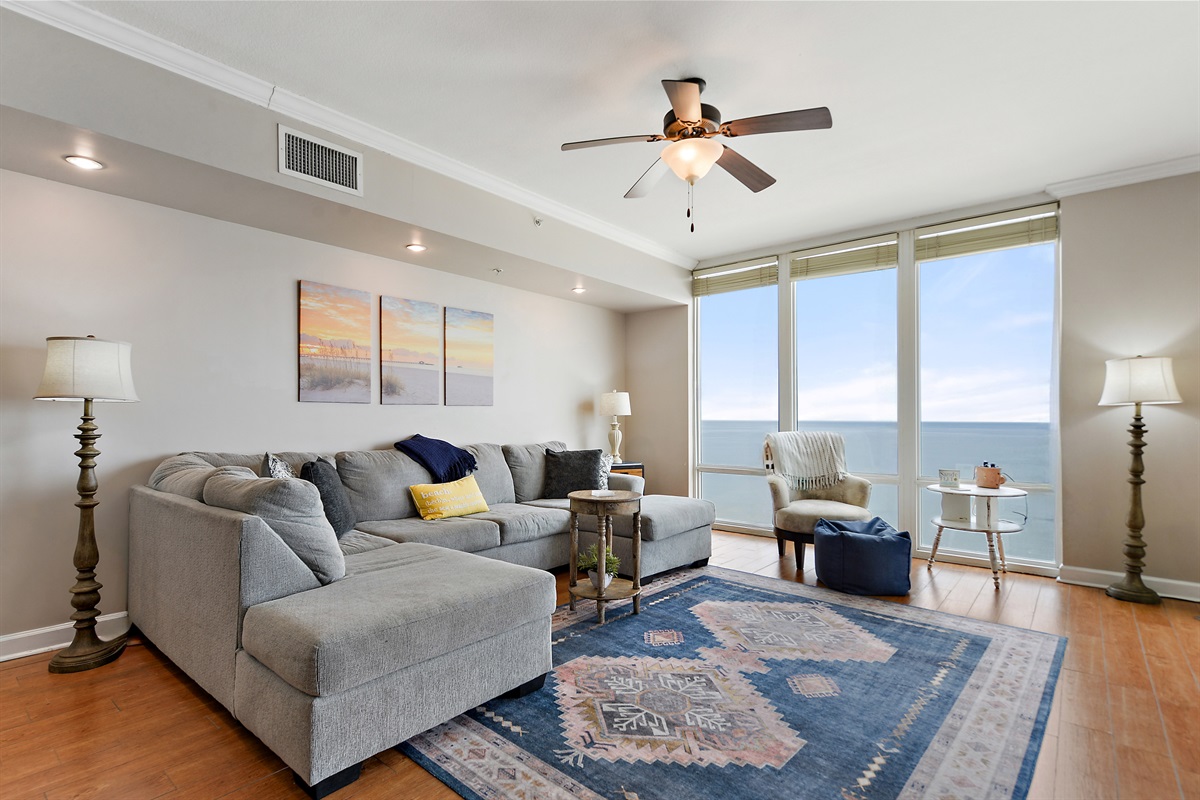 Living room with huge sectional sofa.