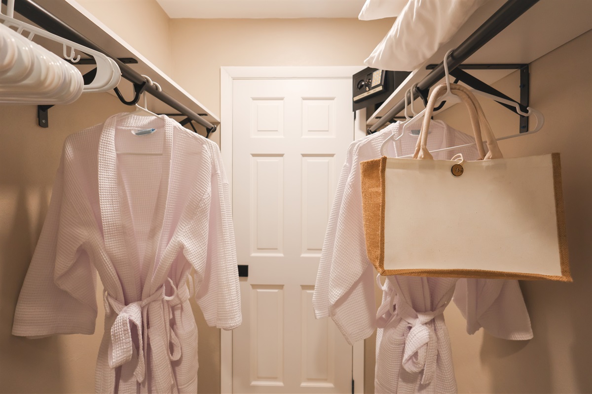 A walk in closet in the primary to hold all your island leisure wear.