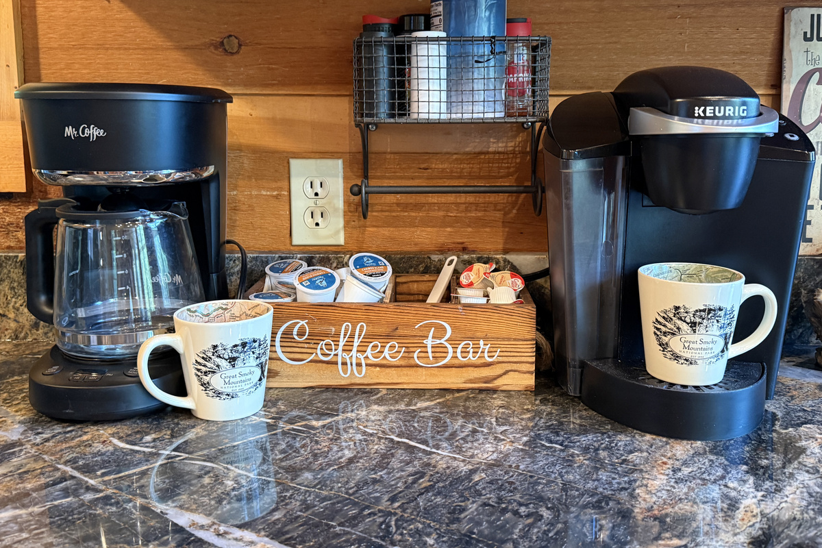 Coffee bar with drip coffee pot and Keurig