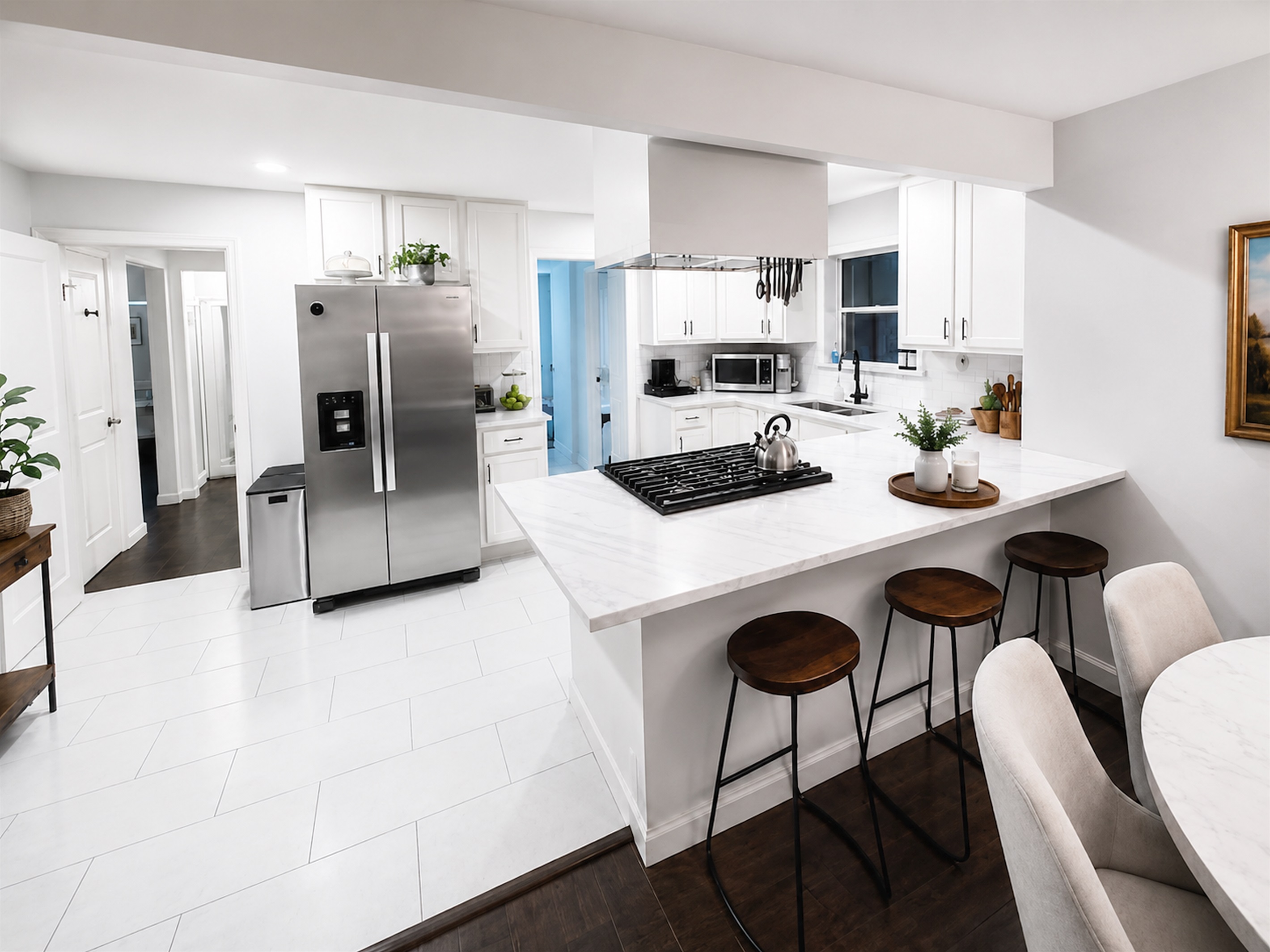 Bright chef’s kitchen featuring quartz countertops, stainless steel appliances, and bar seating for casual dining