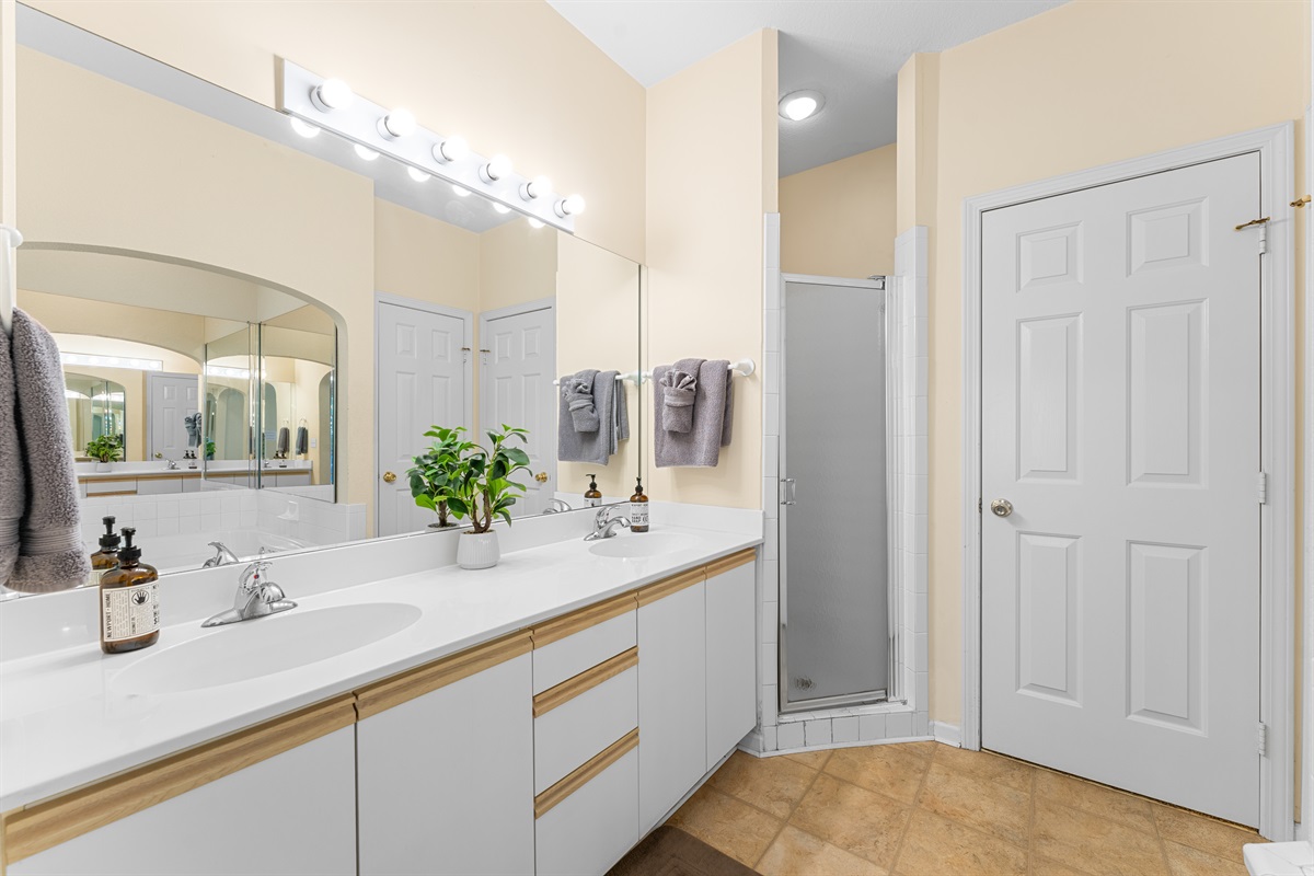 Dual-sink vanity in the primary bath makes mornings smoother for couples or families.