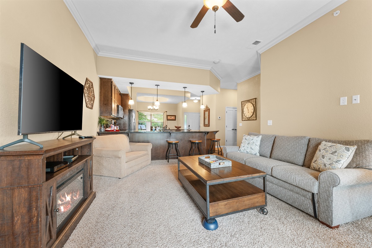 Kick back with streaming, cable, and a fireplace after a day on the water or the Strip.