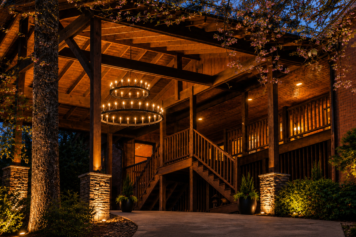 {Grand Entryway} From the moment you arrive, towering timbers, warm lighting, and handcrafted mountain architecture set the tone for an unforgettable stay in the heart of Pisgah Forest.