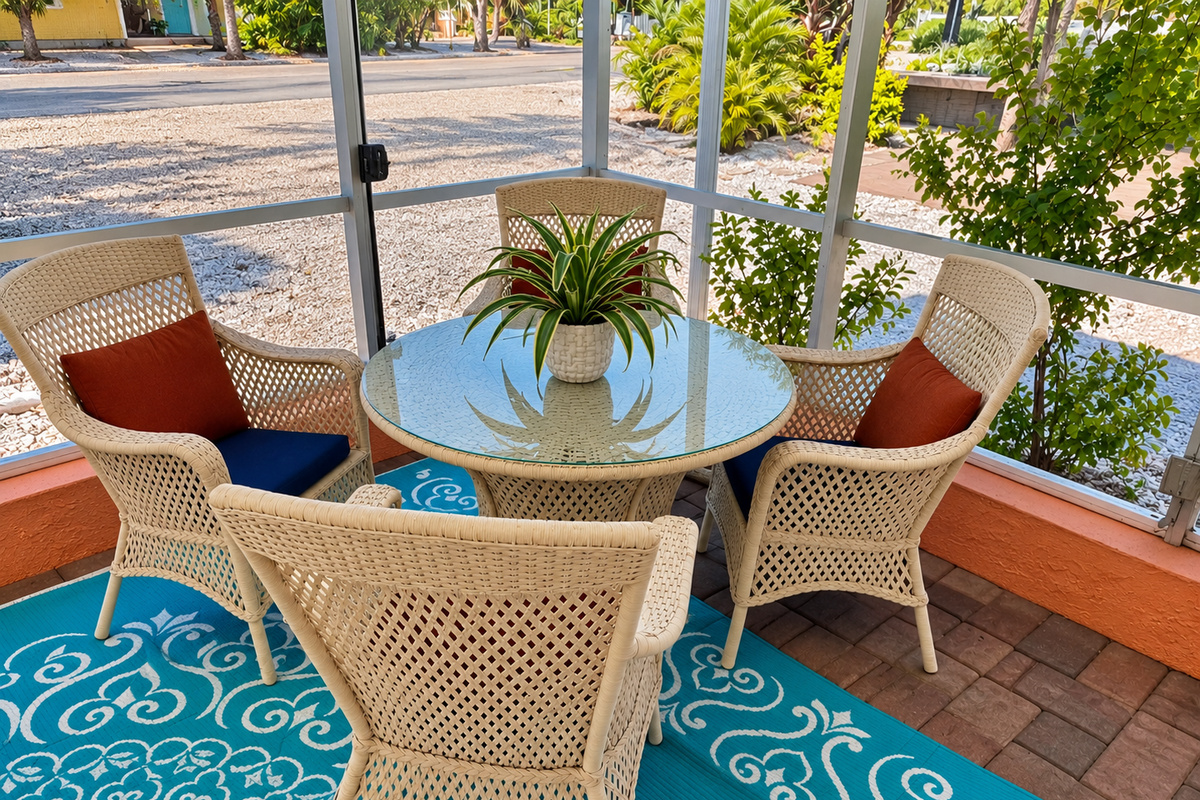 Outdoor dining in screened lanai. 