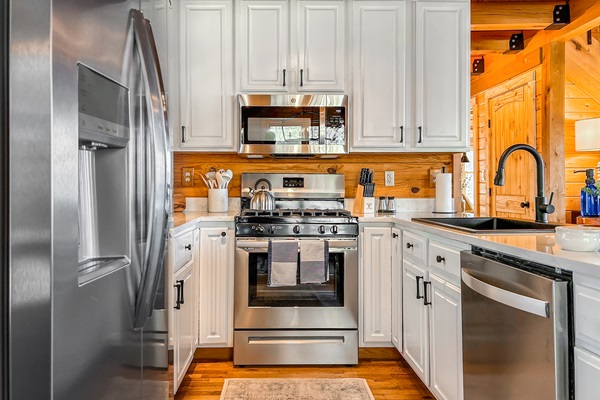 Storage in the kitchen is ample! And the refrigerator can fit weeks' worth of groceries.