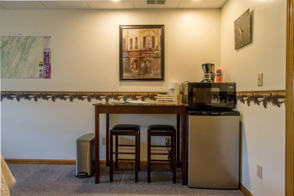 Cooking area- microwave, small frig, coffee pot, and complementary coffee.