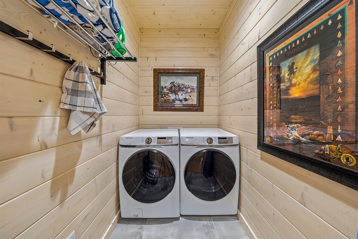 A fully equipped laundry room with a high-capacity washer and dryer to keep your stay worry free.