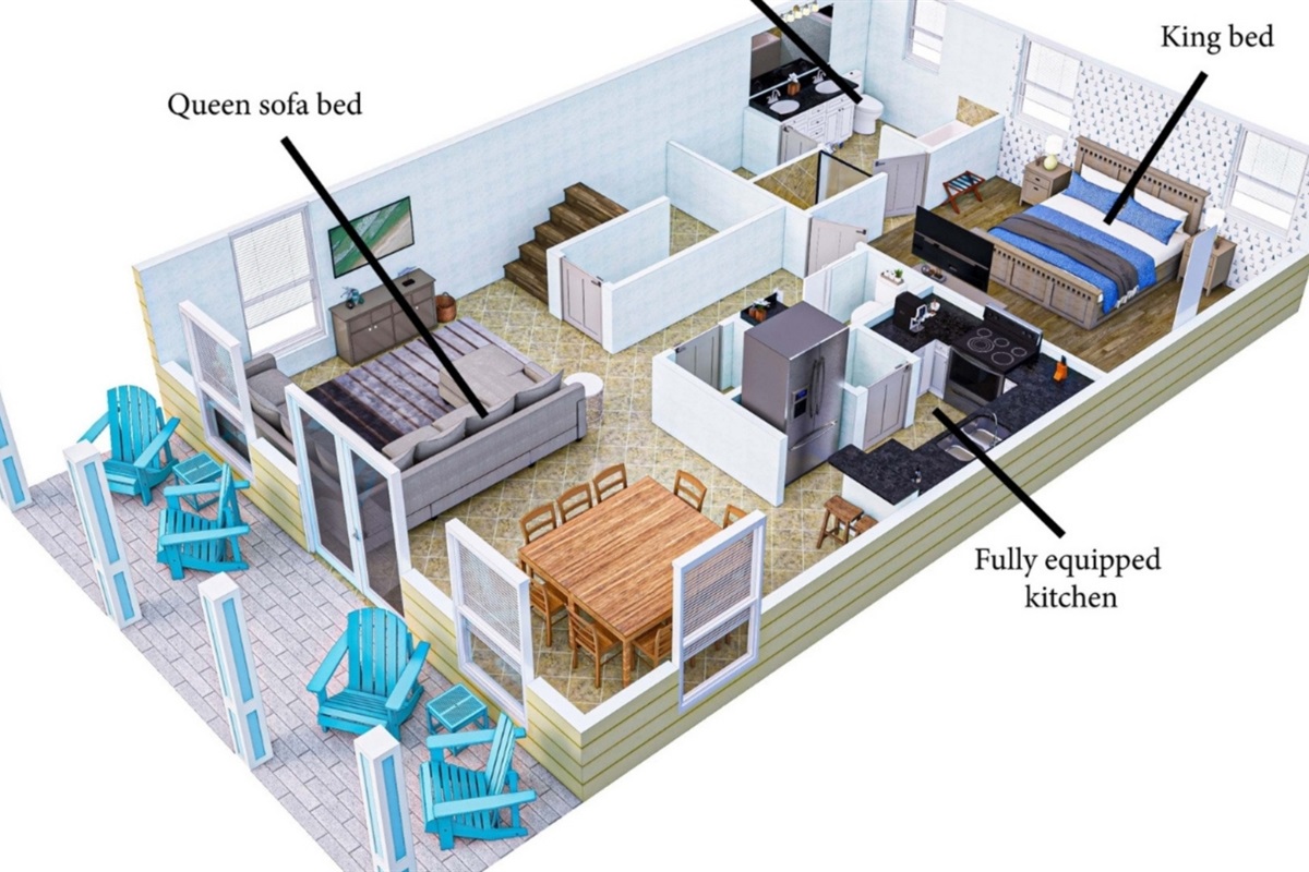 our first floor at a glance — open living, full kitchen, king bedroom, and patio.