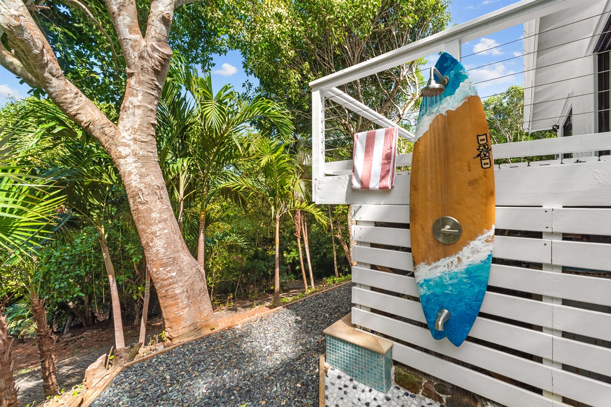 Outdoor shower to rinse off the sand after a great beach day at Hull Bay